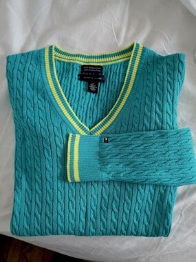 Tommy Hilfiger Teal Cable-Knit V-Neck Sweater with Yellow Trim